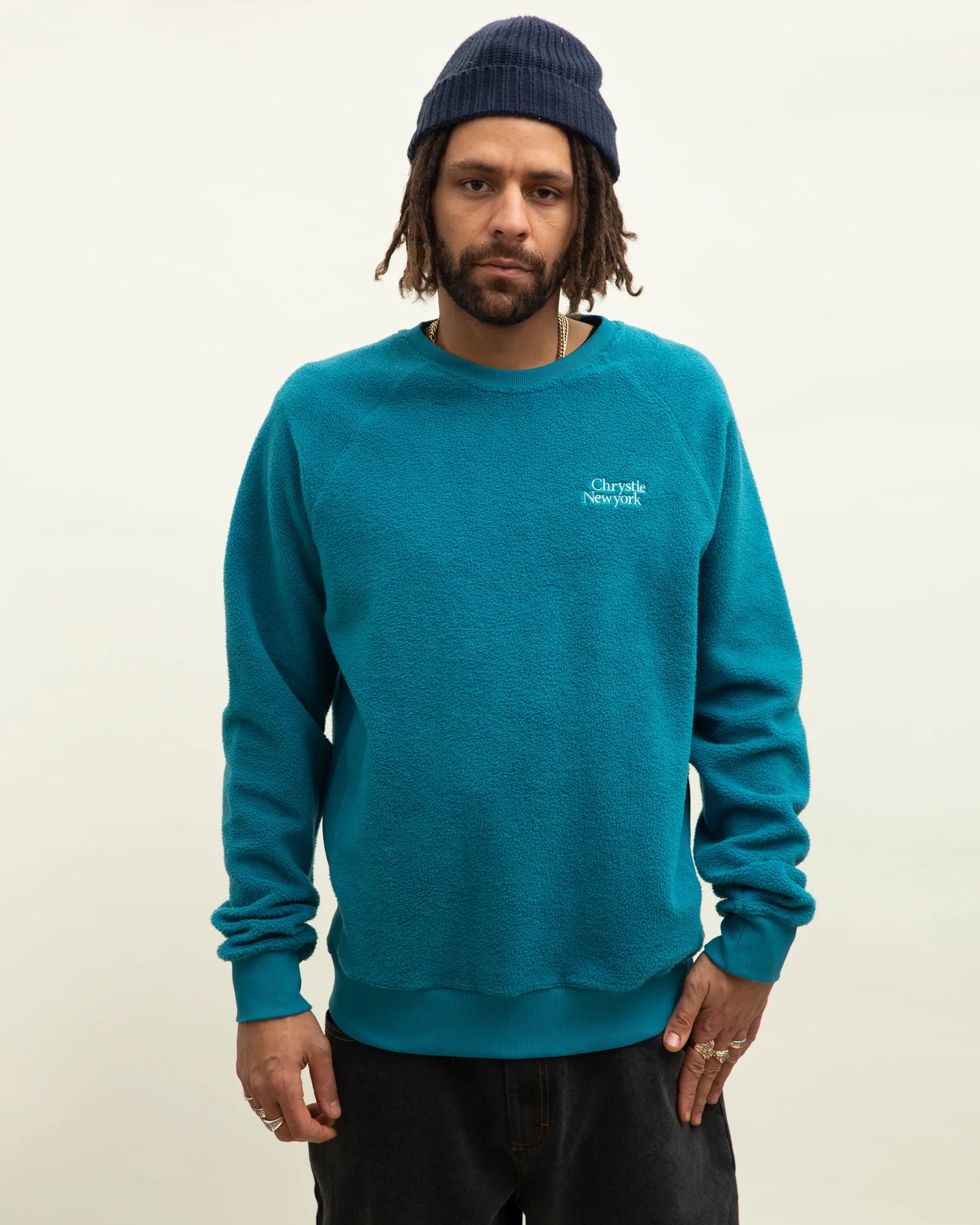 Chrystie NYC Reversed Fleece Classic Logo Crewneck Turquoise