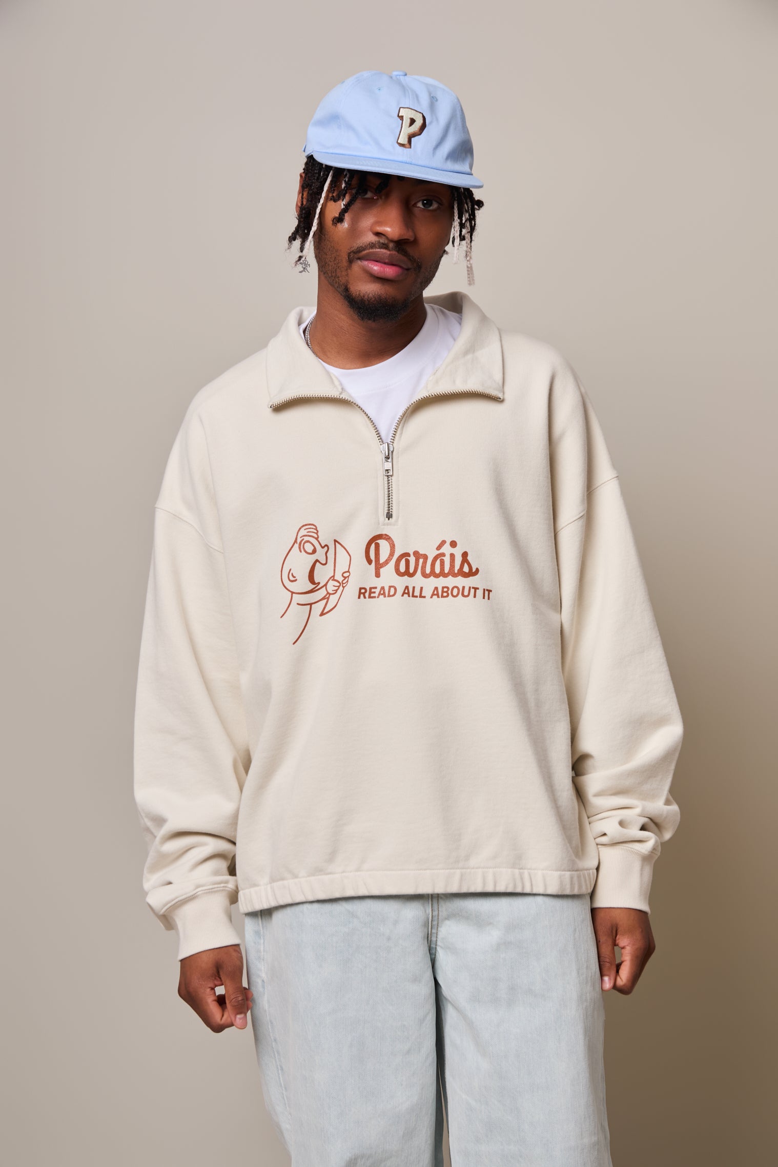 Paráis Big News Half-zip Sweatshirt Cream Cropped Boxy Fit