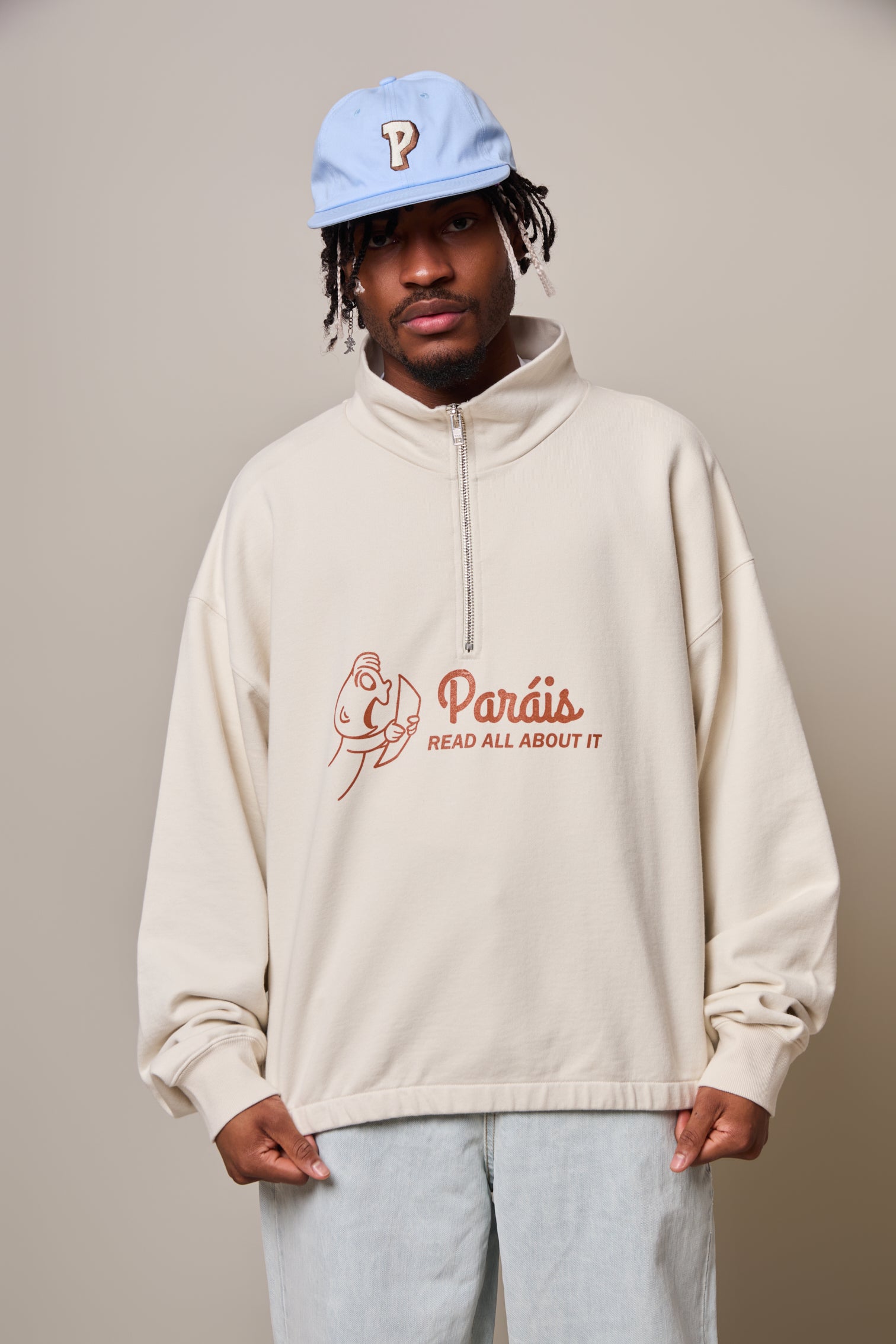 Paráis Big News Half-zip Sweatshirt Cream Cropped Boxy Fit